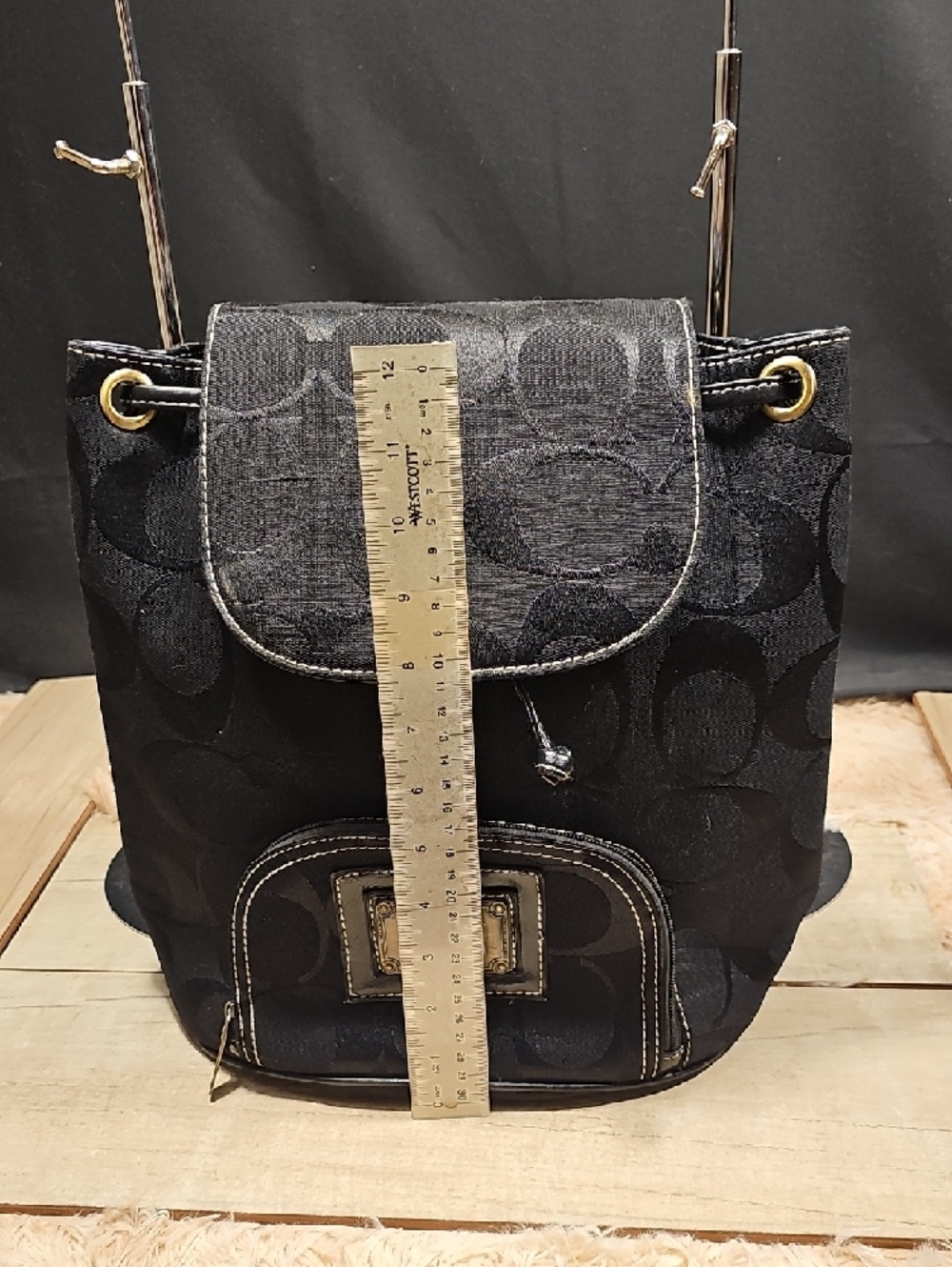 Coach Black Signature Drawstring Backpack with Gold-Tone Accents - Picture 8 of 9